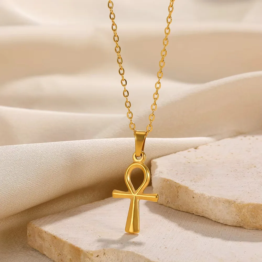 Collar con colgante de cruz de acero inoxidable para mujeres y hombres, Color dorado, Gargantilla con dije de cruz Ankh del Antiguo Egipto, joyería, regalo de Hip Hop