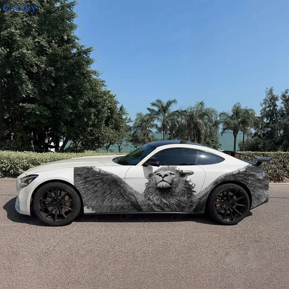 2pcs Ink Wash Gray Lion Roar Car Side Wraps, Self-Adhesive PVC Waterproof & Scratch-Resistant Stickers, Car Accessory Gift