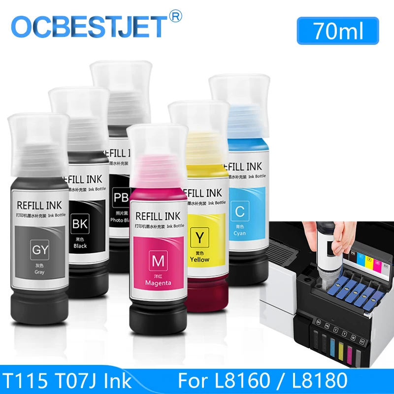 Imagem -01 - Recarga a Tinta para o Tanque Epson Impressora Jato de Tinta L8160 L8180 T115 T07j Cores e Cores Disponíveis recarga a tinta para o tanque epson impressora jato de tinta l8160 l8180 t115 t07j cores e cores disponiveis 01