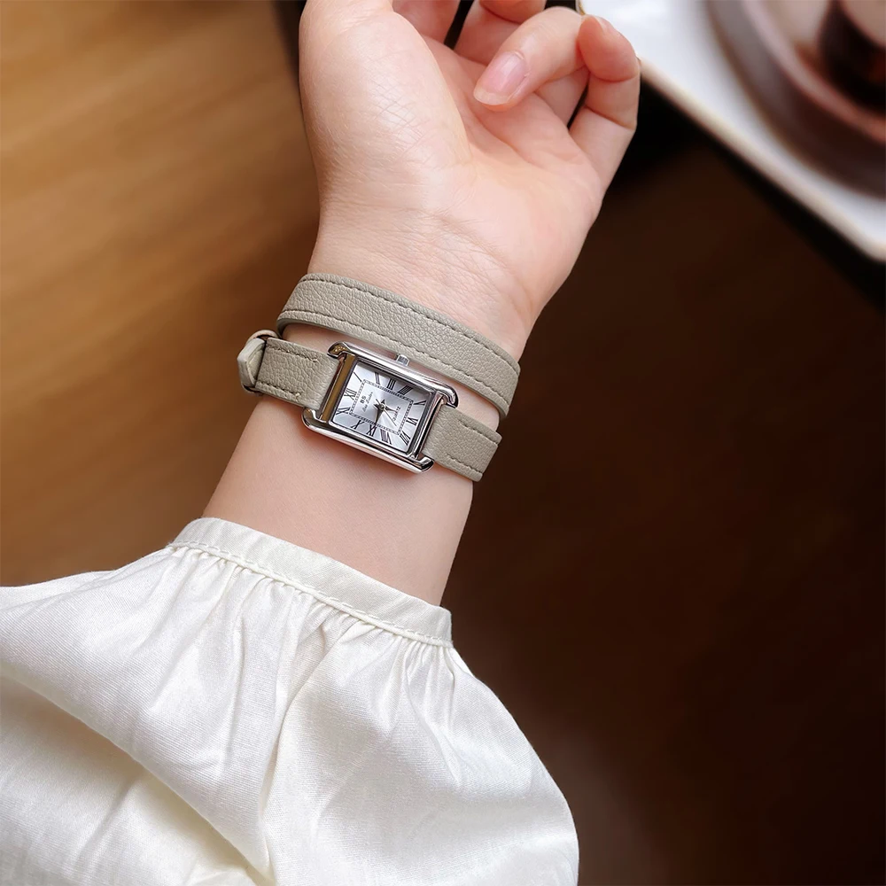 Vintage Light Luxury Ladies Watches Two Circles Belt Simple Square Dial Watch Female Models Ladies Student Watch Authentic Gift