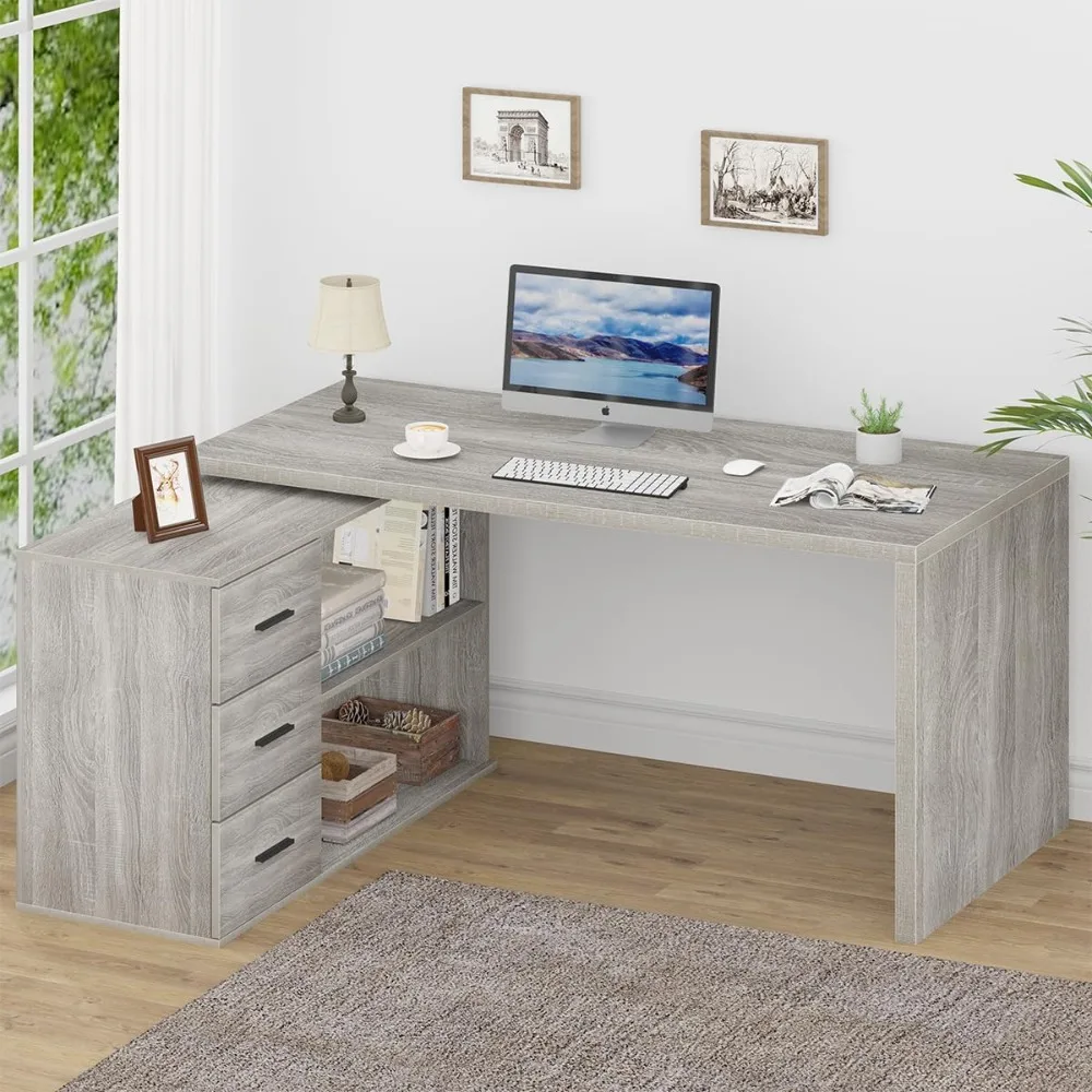 

L Shaped Office Desk with Drawers, Reversible Corner Wood Computer Desk Gray, Large L Shaped Desk with Storage Cabinet