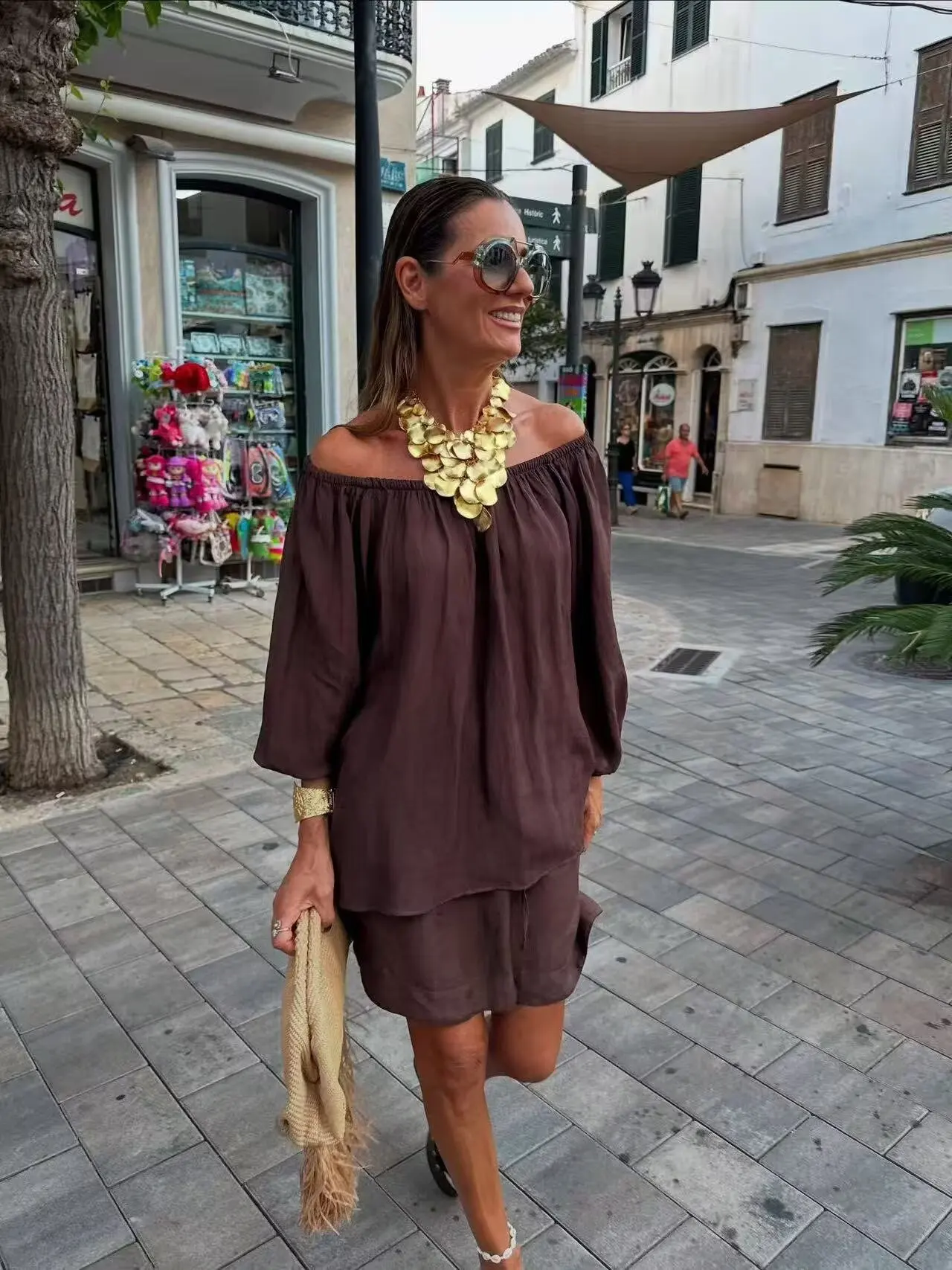 

BB6670 2025 Summer New Women's Loose One Word Collar Off Shoulder Bubble Collar Long Sleeve Shirt Top 4043010
