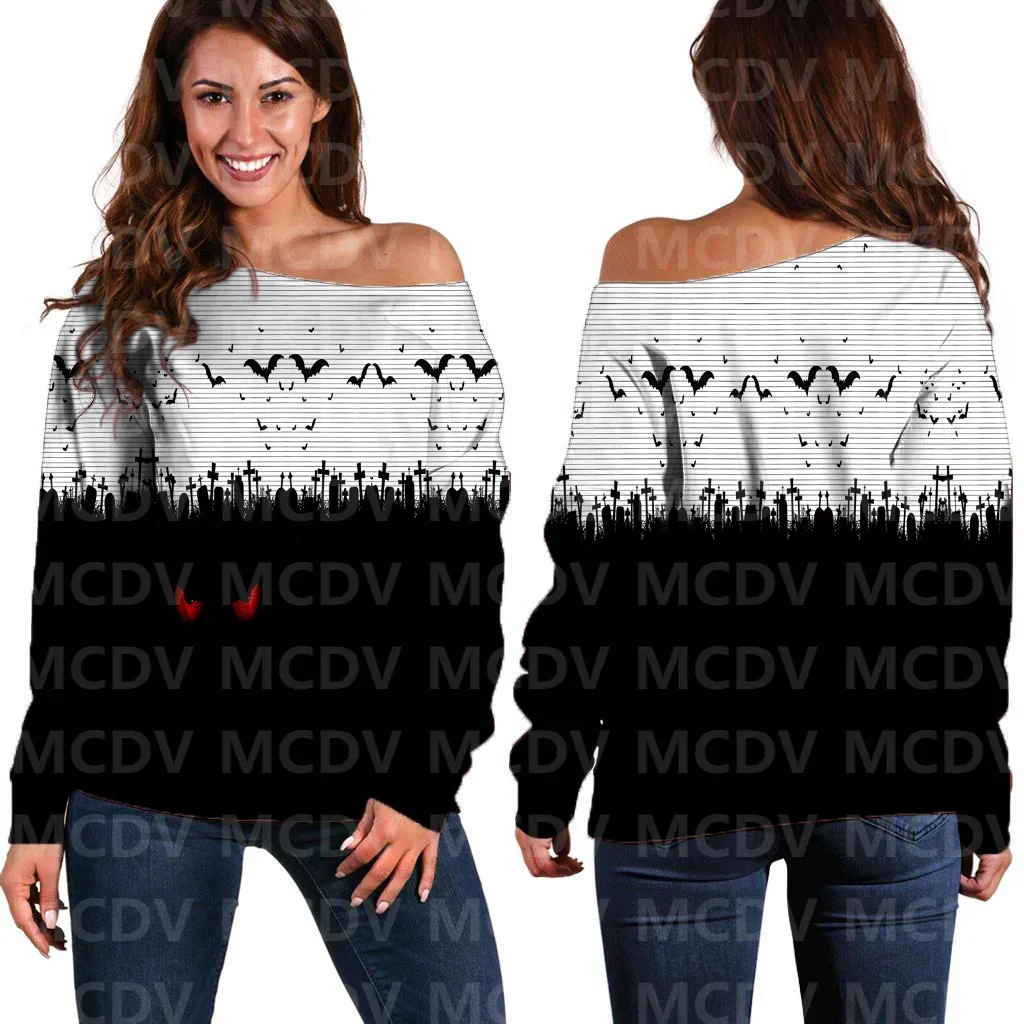 Women's Off Shoulder Sweater Halloween Bat 3D Printed Women Casual Long Sleeve Sweater Pullover