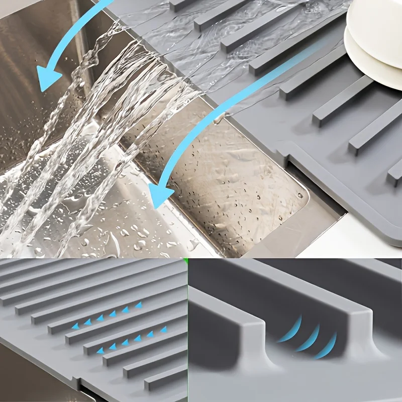 Large Silicone Dish Drying Mat with Drainage Channel, Non-Slip, Foldable Kitchen Counter Pad, Keeps Countertop Dry, Easy to Clea 5