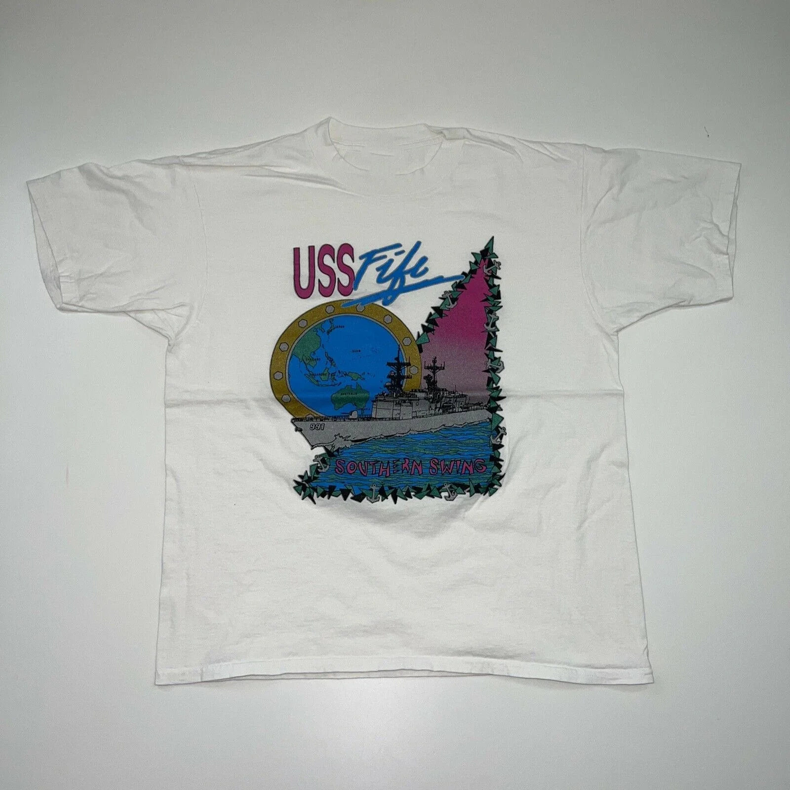 Vintage 90s USS Battle Ship T-Shirt Size Adult Men's Short Sleeve White Cotton O-Neck Tshirt S-3XL