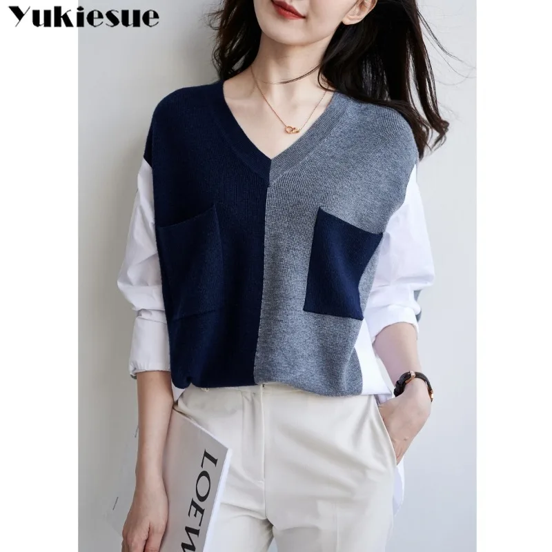 Women Korean Spring Autumn 2023 Fashion Contrast Stitching Knitted V-neck Pullover Shirt Blouse New Irregular  Loose Fashion