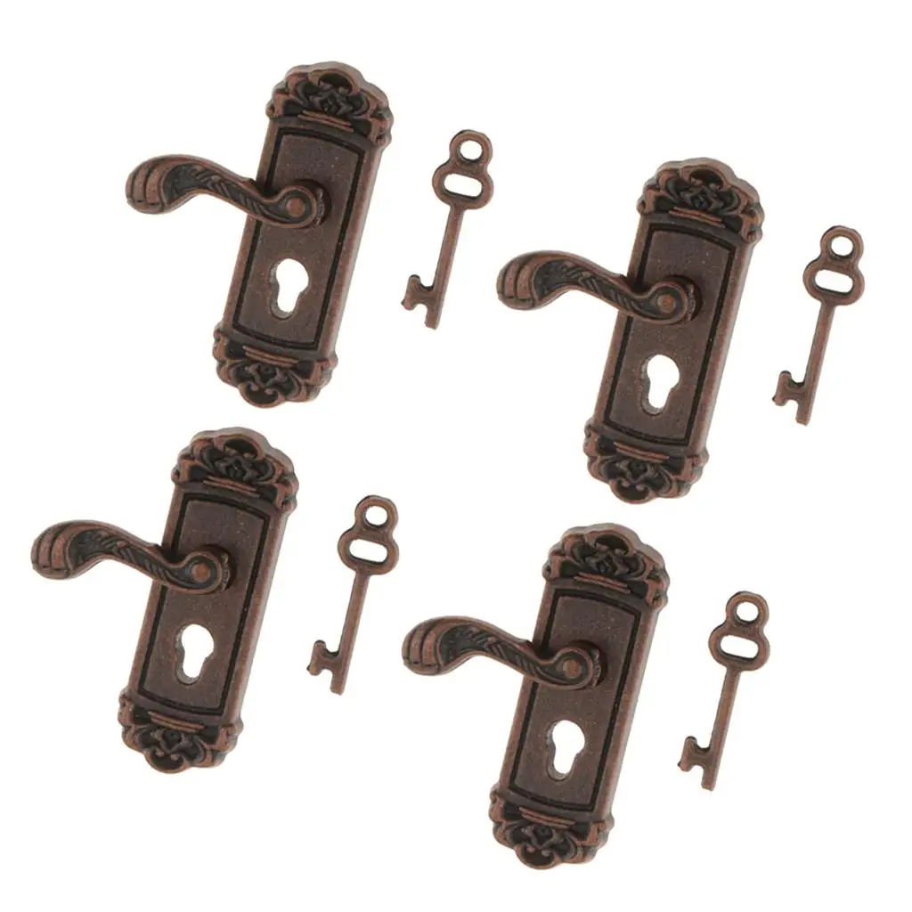 1:12 Dollhouse Miniature Left Handles And Keys Set Door Knob Fittings 4PCS