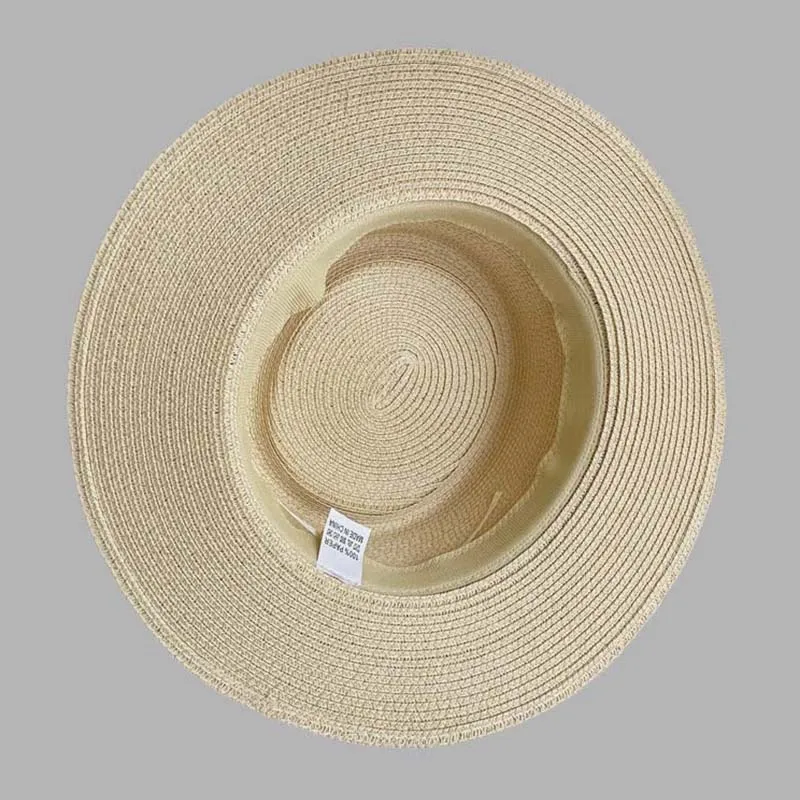 New Arrived Summer Flat Roof Straw Panama Hat French Style Vacation Wide Brim Sunshade Straw Hat Outdoor Sea Beach Women's Sun C