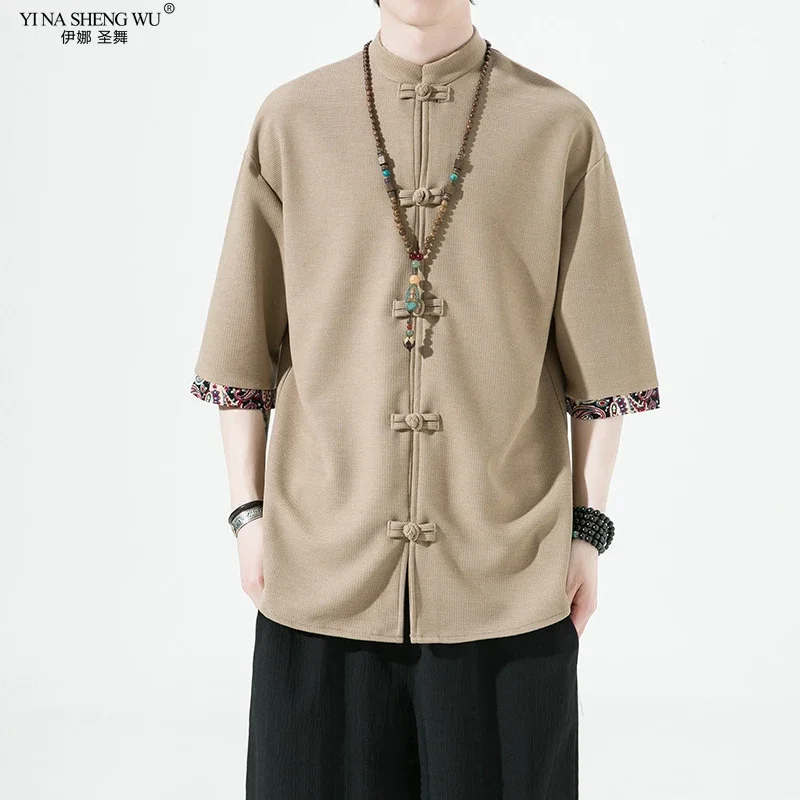 

Мужская футболка Hanfu в китайском стиле в стиле ретро, новая летняя рубашка с воротником-стойкой и короткими рукавами на пуговицах, футболка для мужчин, топ-кимоно