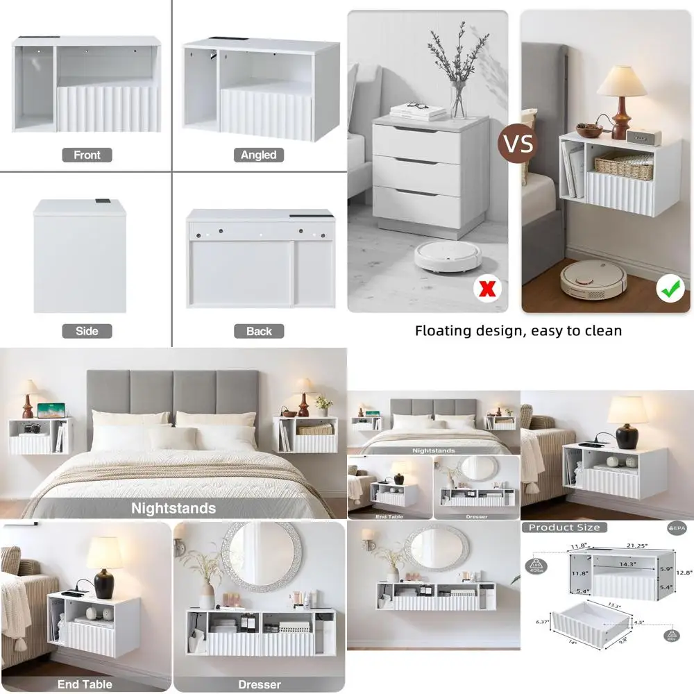 

Современная белая рифленая плавающая тумбочка с зарядной док-станцией, ящиком для хранения, USB и розетками, декор для левой спальни
