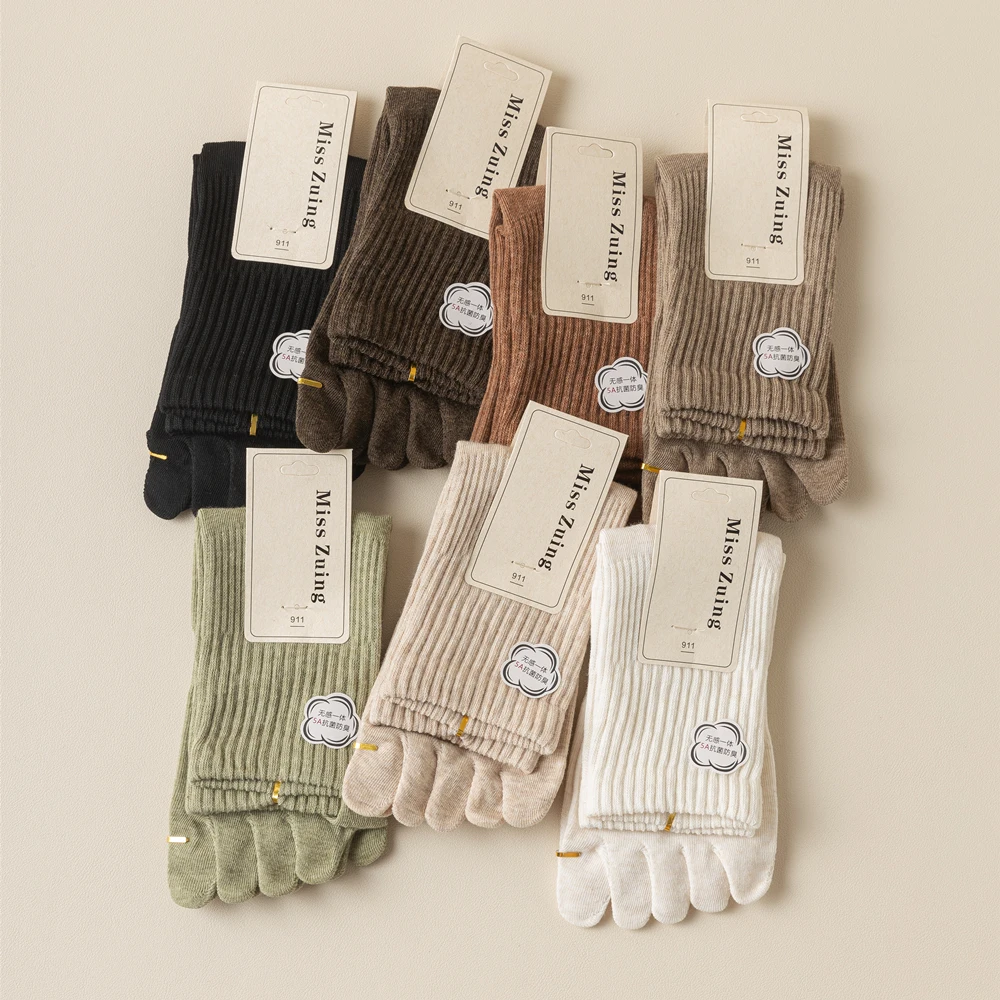 Five Fingers Sports Socks para mulheres, 100% algodão, cor sólida, senhoras Split Toe, primavera, outono, Harajuku, 5 pares por lote