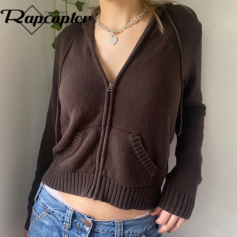 Rapcopter Solid y2k Cardigans Vintage Pockets Hooded Knitwear Coat Autumn Winter Basic Casual Jumpers Women Prepply Jacktes New