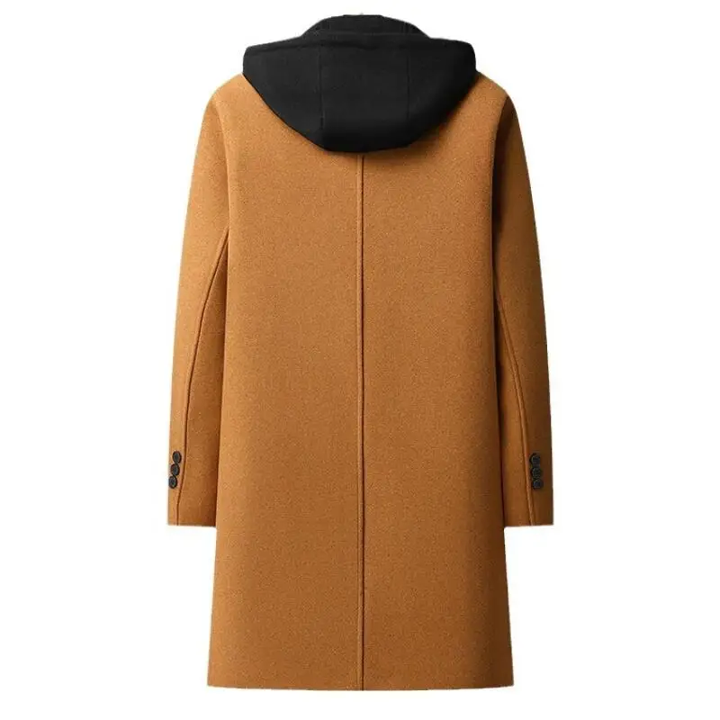 Autumn Winter Men's Woolen Overcoat Hat Detachable Business Casual Wool Coats Male Hooded Long Outwear Solid Chic Trench Jackets