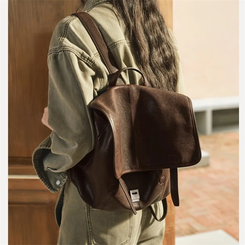 2025 Sheepskin Texture Leather Backpack For Women Large Capacity Commuter Office Bag With Flap Closure Daily Travel Urban Style