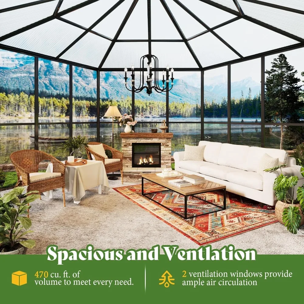 12x10x8 FT دفيئة من البولي كربونات هجينة سداسية للأماكن الخارجية، مجموعة توصيل سريع، إطار من الألومنيوم مع تهوية و