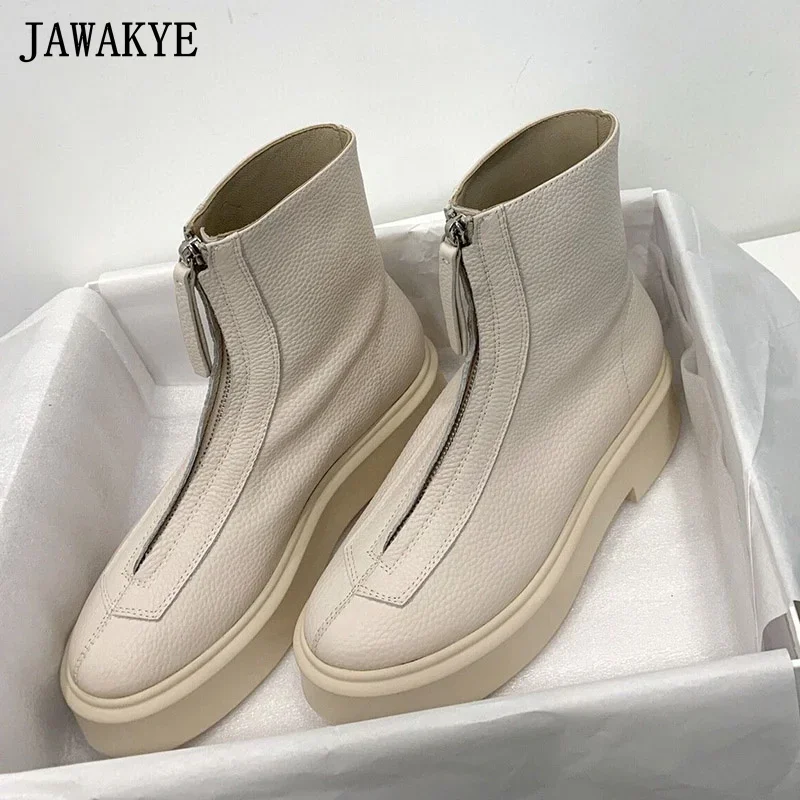 

White Lychee Leather Short Boots Round Toe Front Zip Chelsea Boots Thick Sole Platform Ankle Booties Street Motorcycle Booties