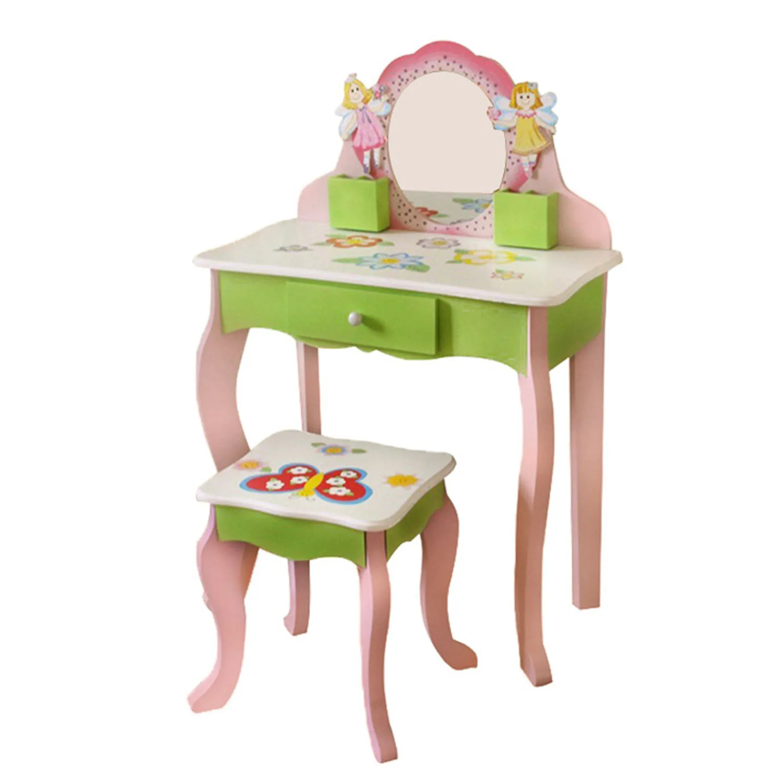 Toddler Girls Makeup Dressing Table Pretend Vanity Set Wooden Kids Vanity Set Makeup Table Chair Set with Mirror Drawer