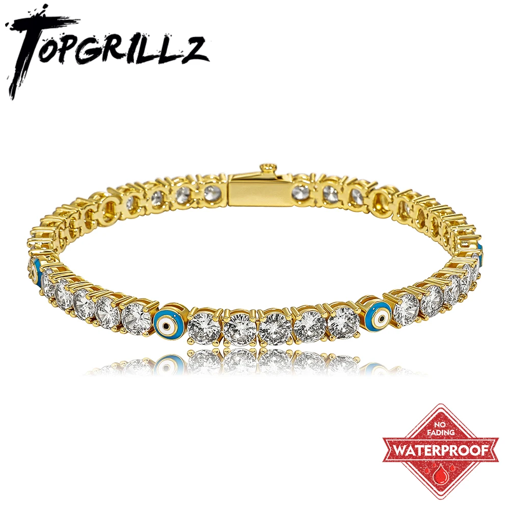 TOPGRILLZ Classic Tennis chain Set 4/5mm Cubic Zirconia Waterproof Tennis Bracelet/Necklace with Blue Devil Eyes For Women Men