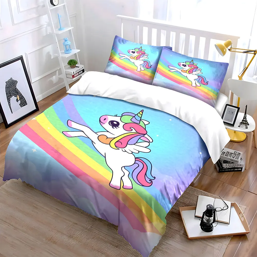 Flying unicorn on rainbow Bedding Set for Kids Luxury Gift 3pcs Digital Print Comforter Set Soft Comfortable Breathable