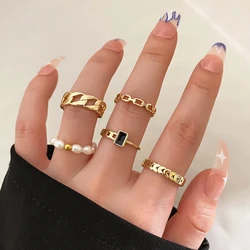 IPARAM Fashion Gold Color Metal Rings Set for Women Chain Geometric Finger Ring Pearl Rings Party Jewelry Gifts