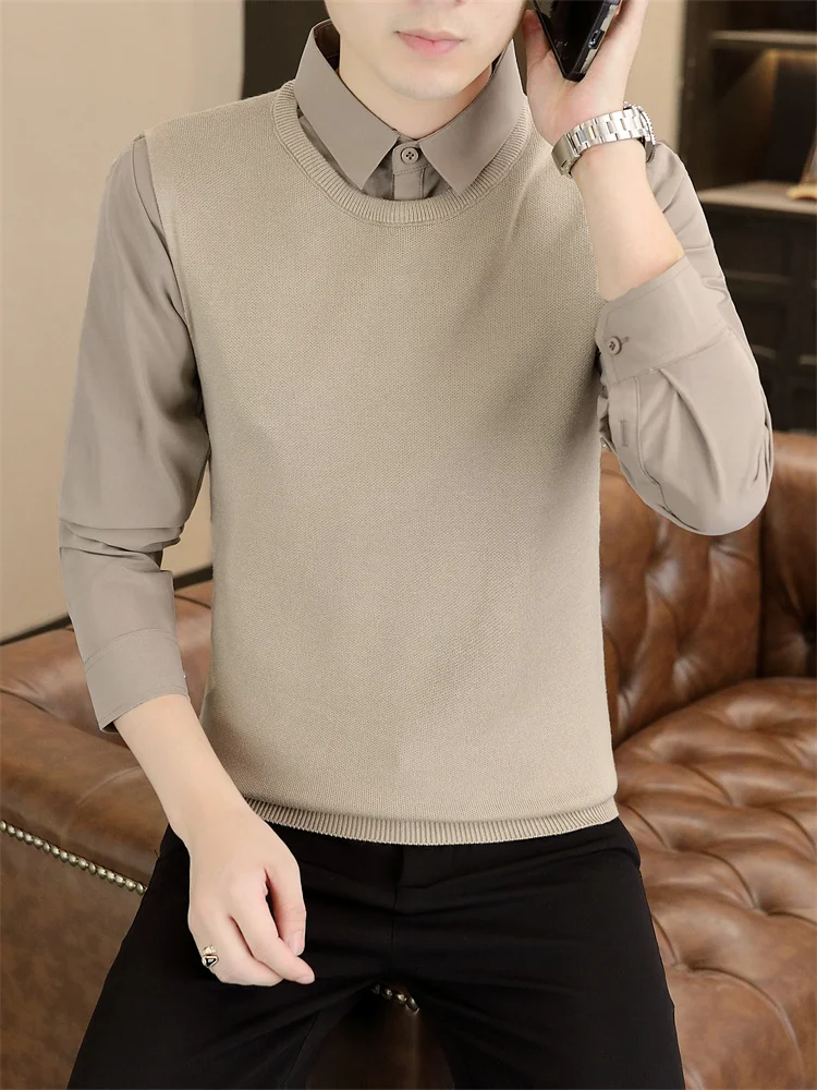 

Men's Knitted Sweater Fake Two-Piece irt Collar Base Layer Inner Wear Spring Autumn High End Faion Brand Casual Knitwear