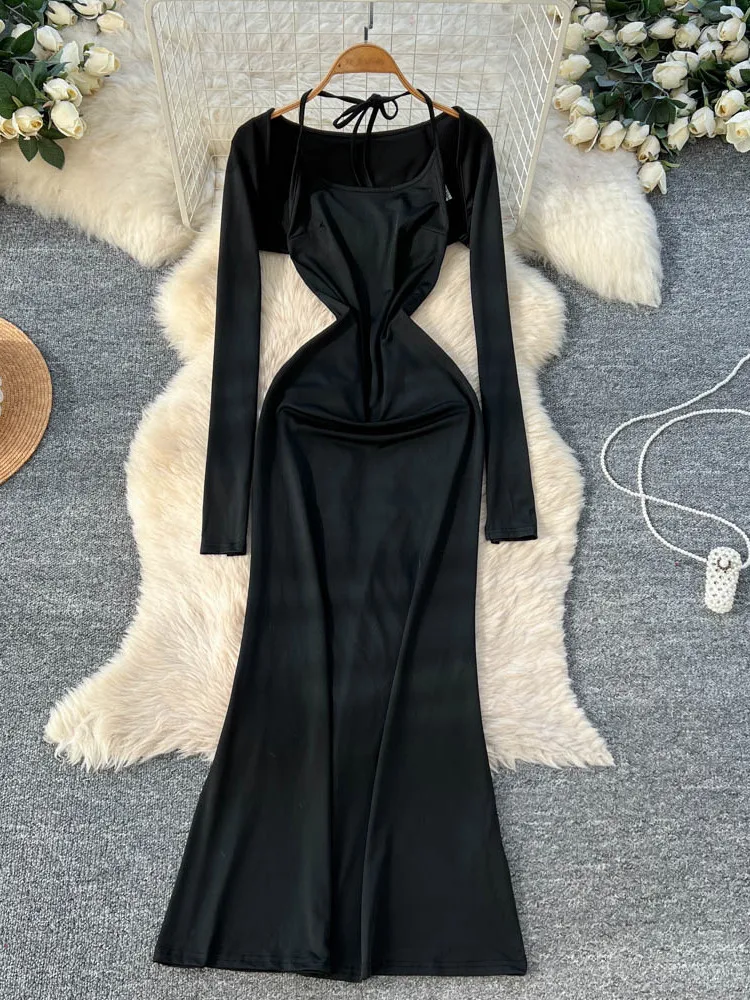 Foamlina Sexy 2-teiliges Damen-Kleid-Set, einfarbig, Neckholder, ärmellos, rückenfrei, figurbetontes Maxikleid und Langarm-Westenanzug