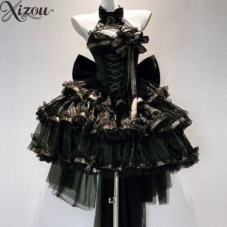 

Rich Lady Gothic Lolita Dress Black Ribbon Halter Neck Slim High-Waist Bow Gold Edge Lace Ball Gown 2026 Spring Summer Lace Up