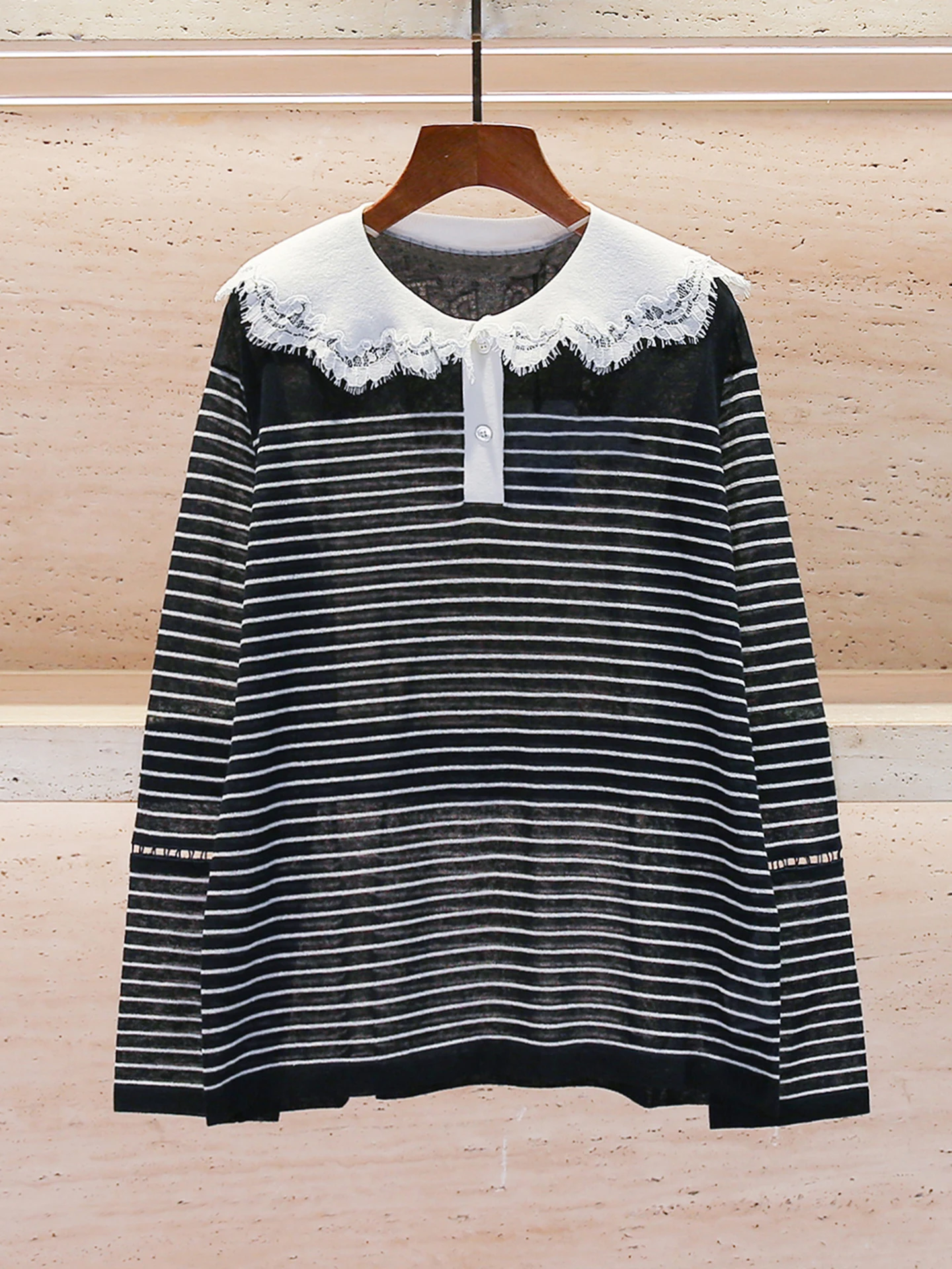 

Casual Versatile Lace Striped Knit Top Women's Premium Summer Fashion round Neck Sleeve Long Commute Style Regular Fit Knitte...