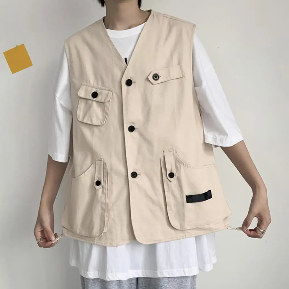 Men Casual Waistcoat Collarless Sleeveless Buttons Closure Vest Coat Solid Color Multi Pockets Thin Style Outdoor Cargo Waistcoa