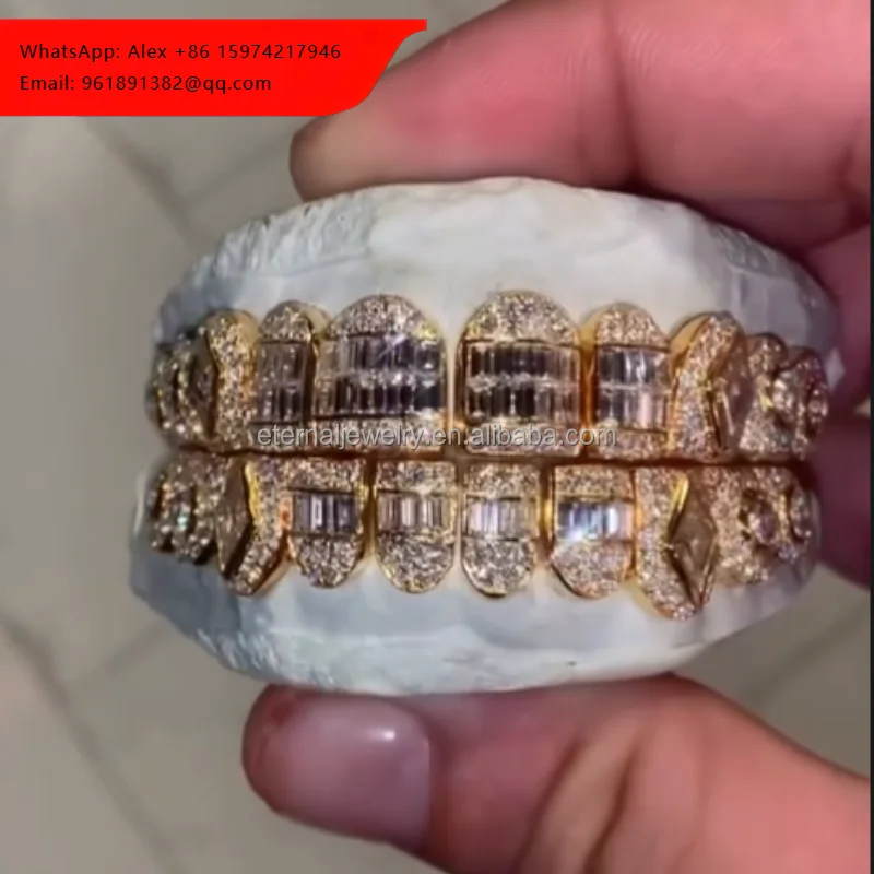 

Custom Hip Hop Jewelry 925 Silver 10K 14K 18K Gold Iced Out VVS Diamond Baguette Mix Round Cut Moissanite Teeth Grillz For Mens