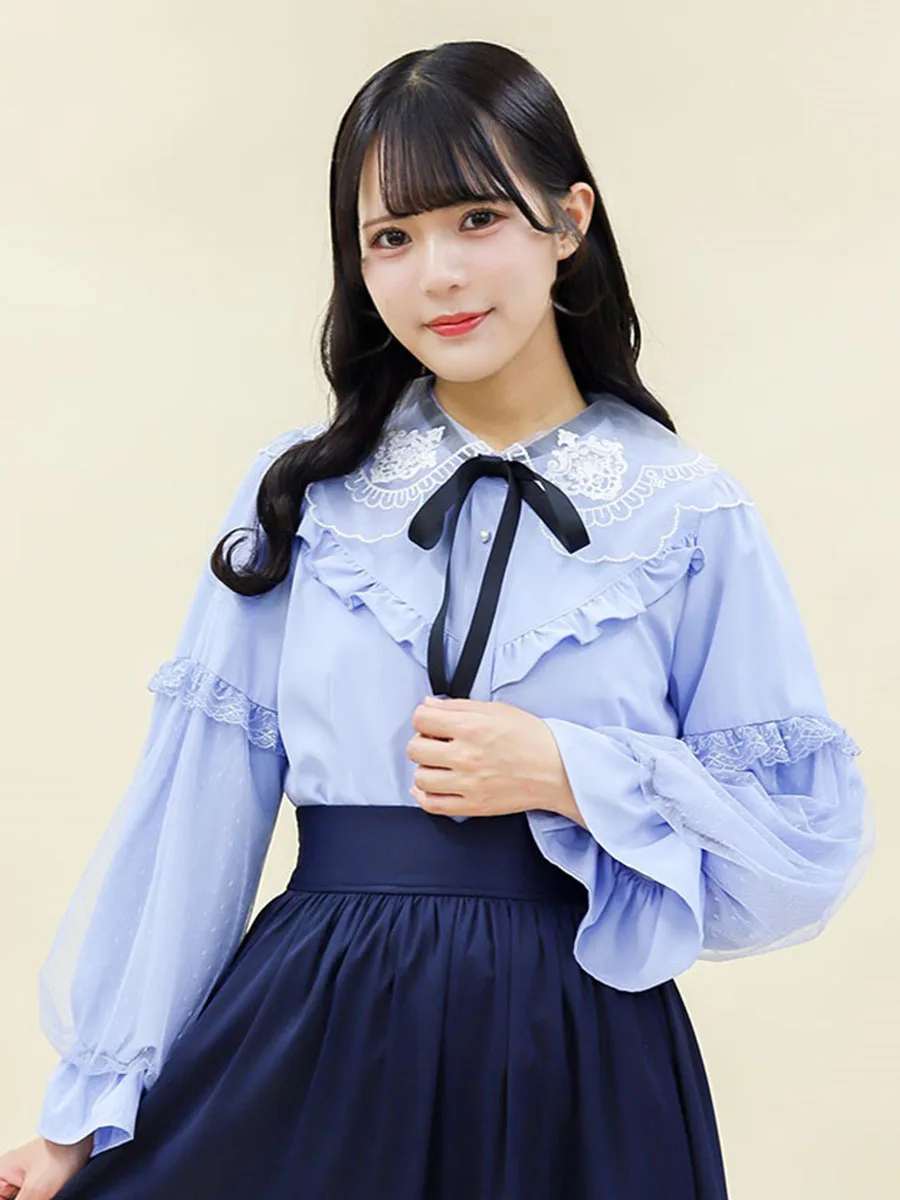 

Ele Long Sve irt Axes Femme Sweet Sle Embroidered Lace Splice Stand Collar Girls Feel Polyester Spandex Blend