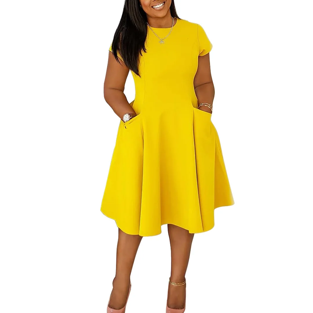 N8075 Dames Lente en Zomer Nieuwe Casual Ronde Hals Zak Slim Fit A-lijn Rok Halflange Rok Zomer Elegantes Casual Y2k