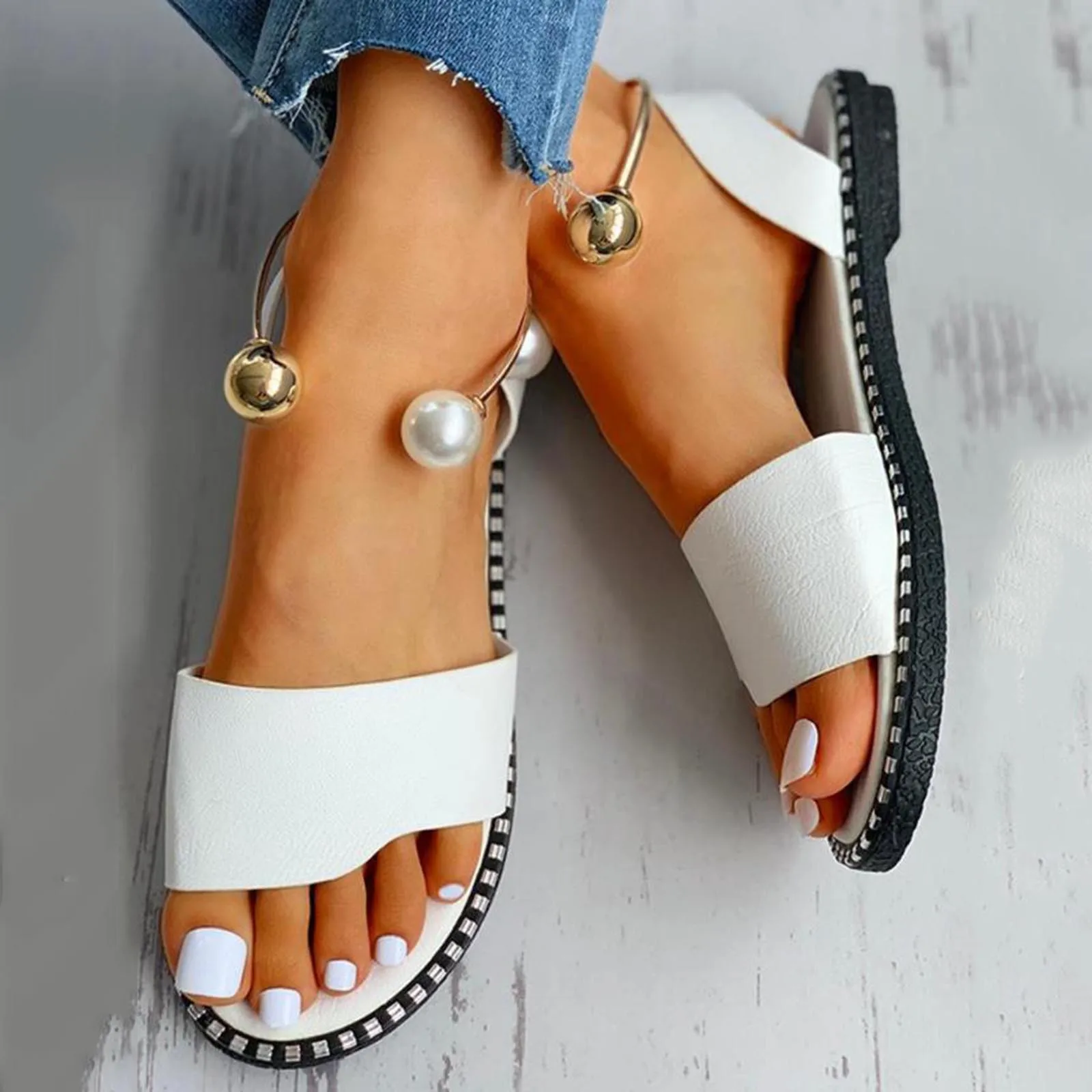 Summer Women Sandals Beaded Pearly Flat Casual Shoes 2024 Ladies Sandalias Slippers Flip Flop Women'S Shoes