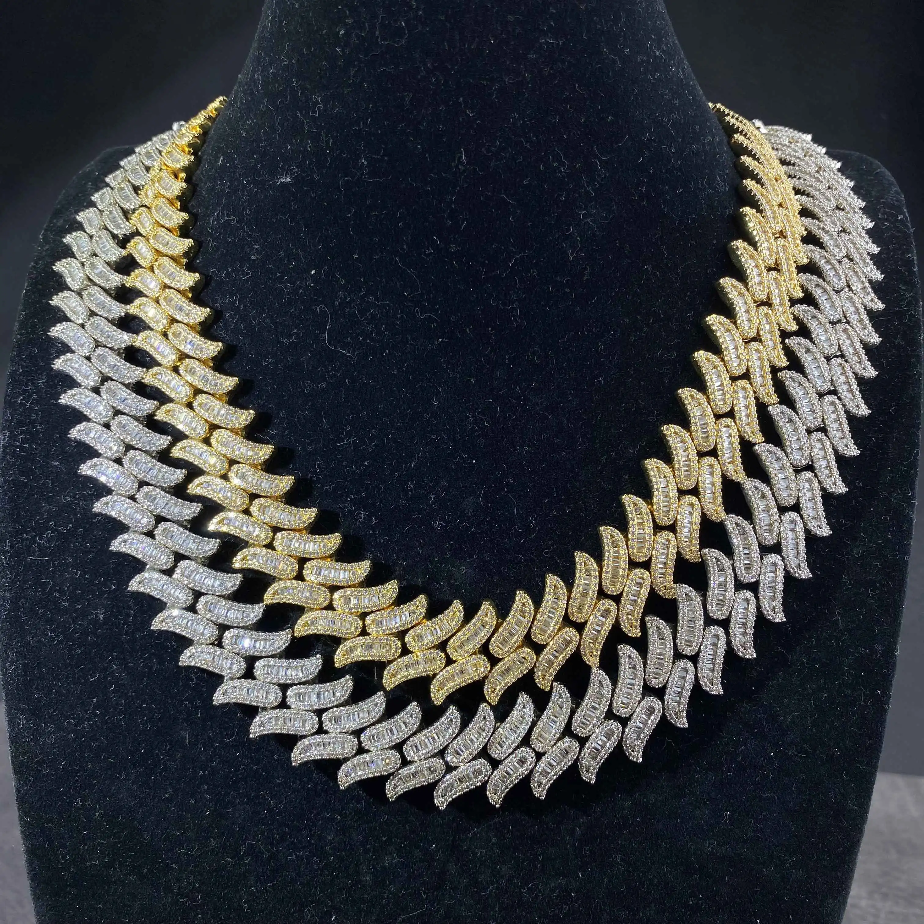 15mm baguette Thistles And Thorns Design Gold Plated Cuban Link Chain Hip Hop Jewelry Cuban Link Necklace With Box Clasp For Men