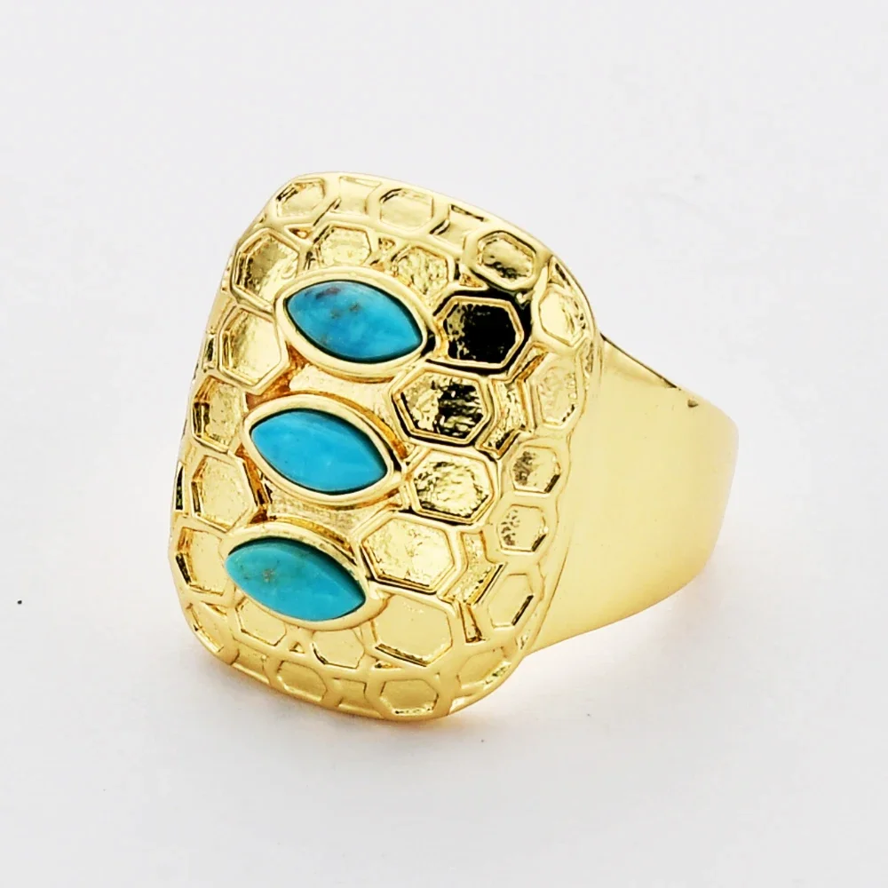 

5/10PCS Golden Plated Adjustable Open Rings Natural Turquoise Stone Finger Ring For Men Women Trendy Hip Hop Jewelry Accessories