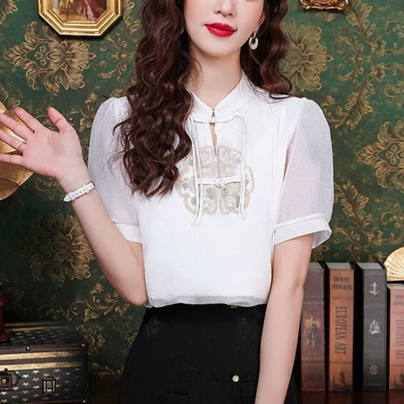 2024 New Summer Retro Frog New Chinese Style Women's Print Bandage Fashion Elegant Short Sleeve Slim Fit Chiffon Shirt Tops