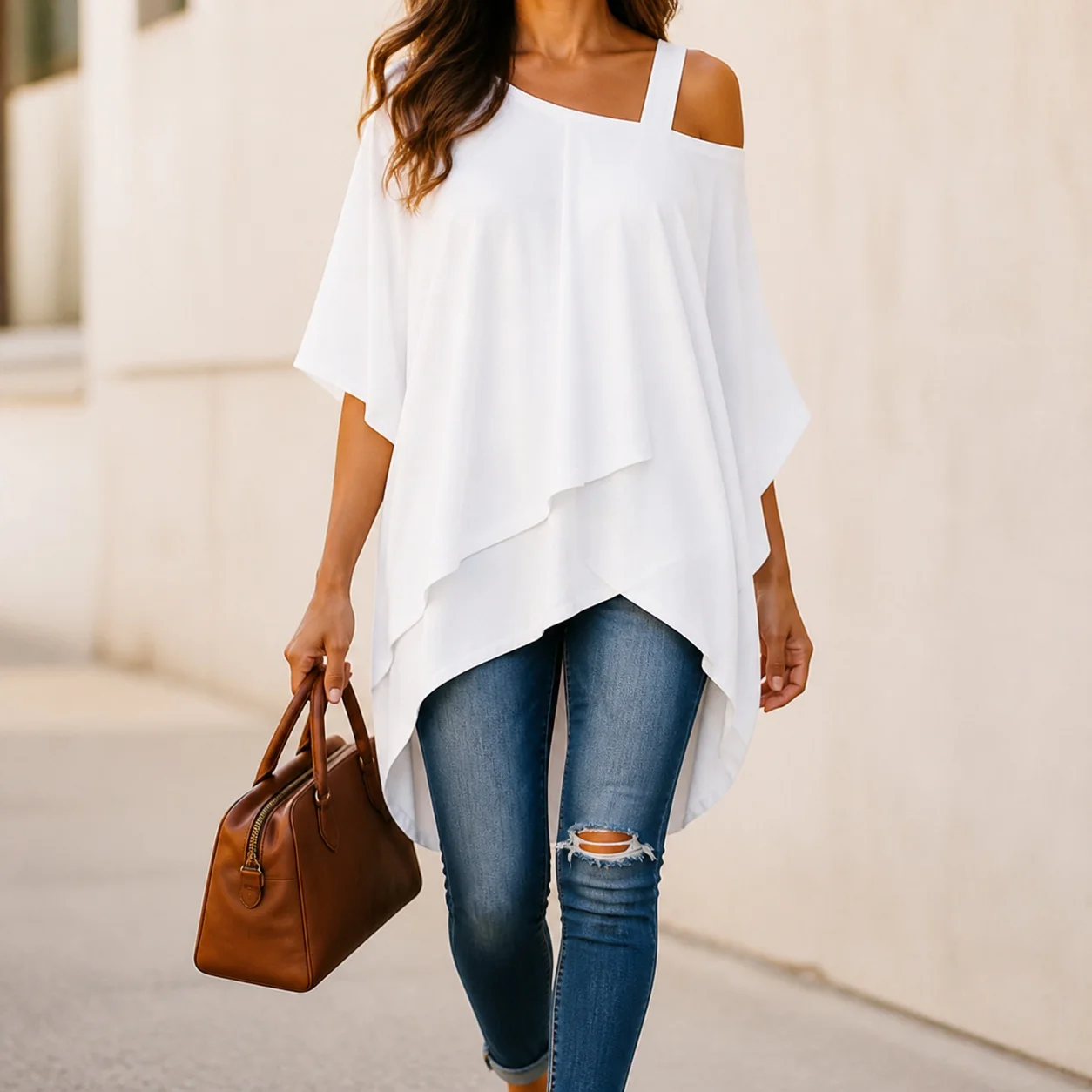 Women's Oversize Asymmetrical Neck Half Sleeve Solid Color Color Block Blouse Blusas Para Mujer Elegant Cute Woman Clothing