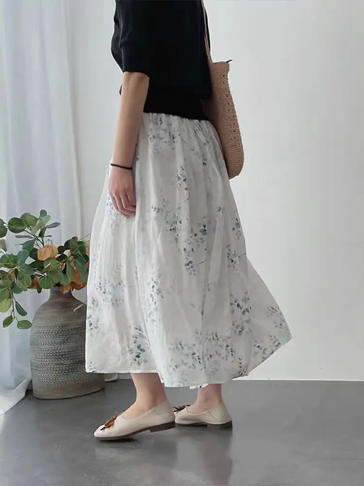 Retro Forest System Double Layered Flax Half Skirt Women's Summer Small Size Thin Drifting Floral A-Line Midi Skirt