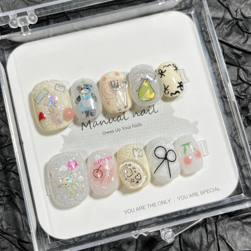 

10 Pieces Cute Cartoon Girl Short Round Handmade Press On Nails Polar Light Sequins Bear Rabbit Fake Nails Removable Reusable