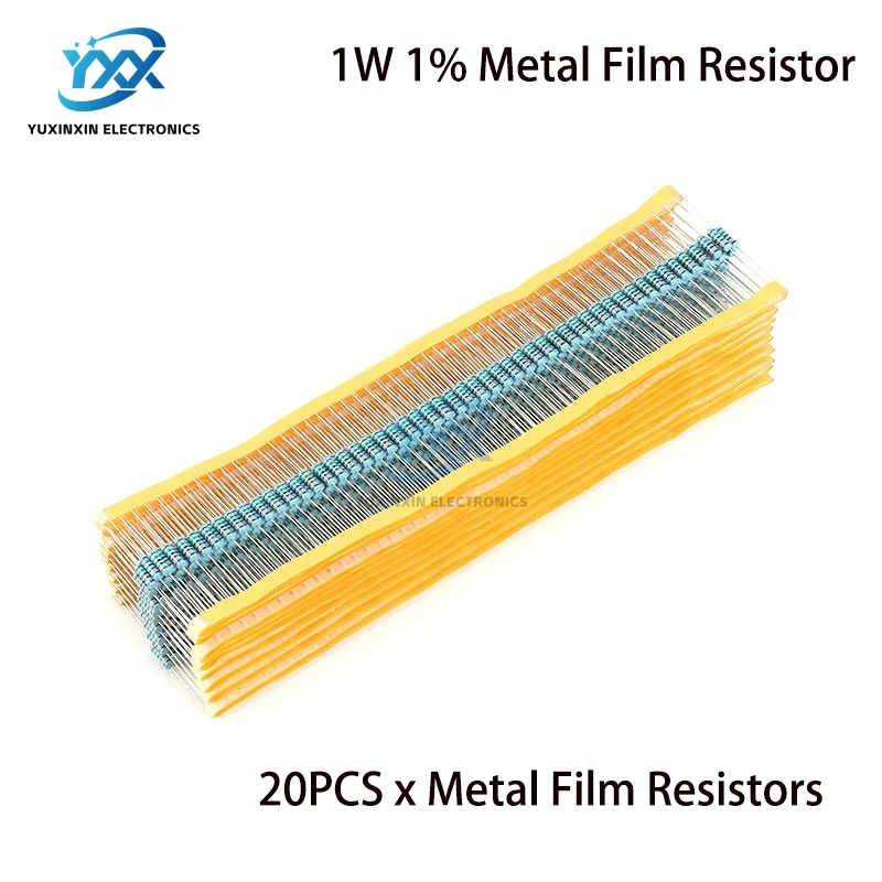 20pcs 1W 금속 필름 저항기 1% 0.1R-10M 10R 22R 47R 100R 330R 1K 4.7K 10K 22K 47K 100K 330K 470K 1 2 10 22 47 100 330 1M 옴