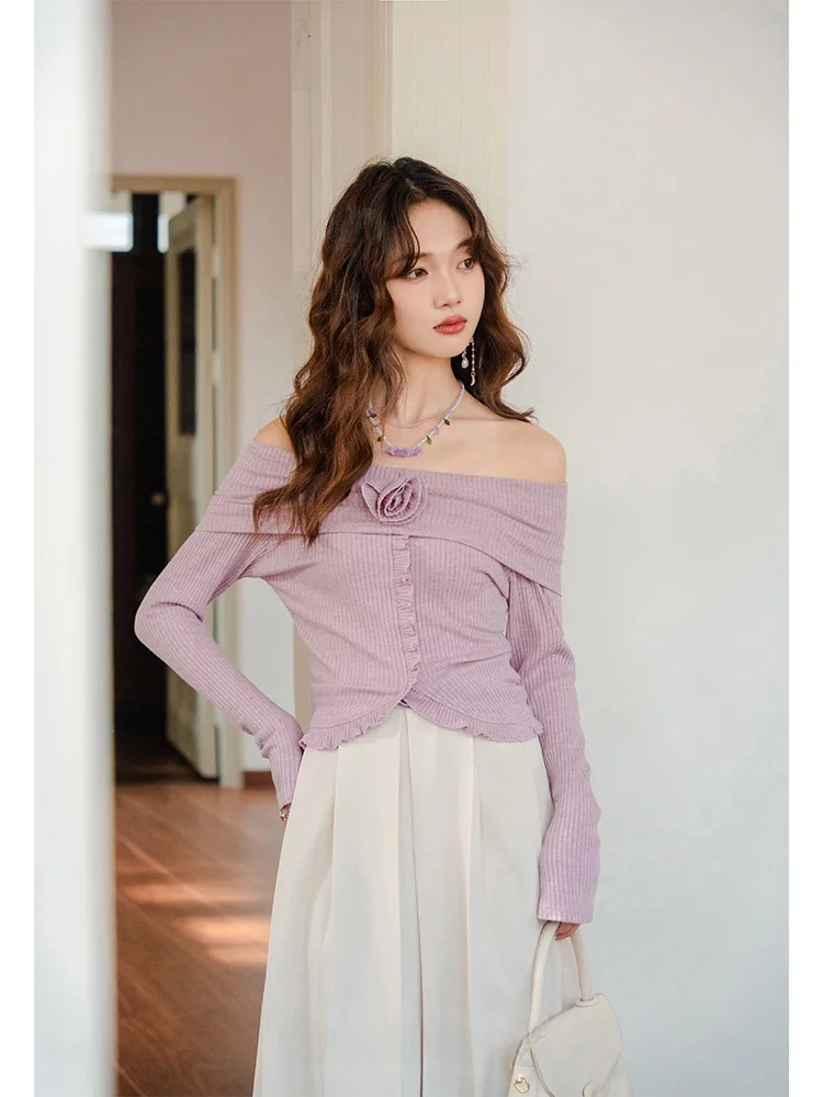 

Шикарный корейский вязаный топ с длинным рукавом и одним открытым плечом для женщин, весенняя мода, украшенный 3D-цветами в виде веточек, фиолетовый