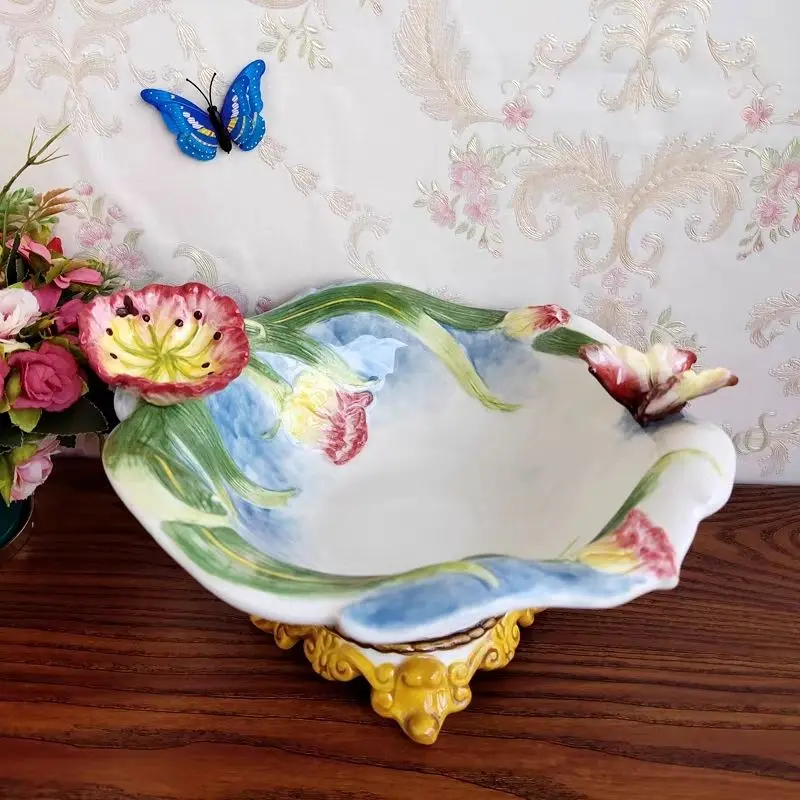 Pure hand-painted underglaze color, ceramic highfoot fruit bowl, European tulip, fruit plate wedding gift