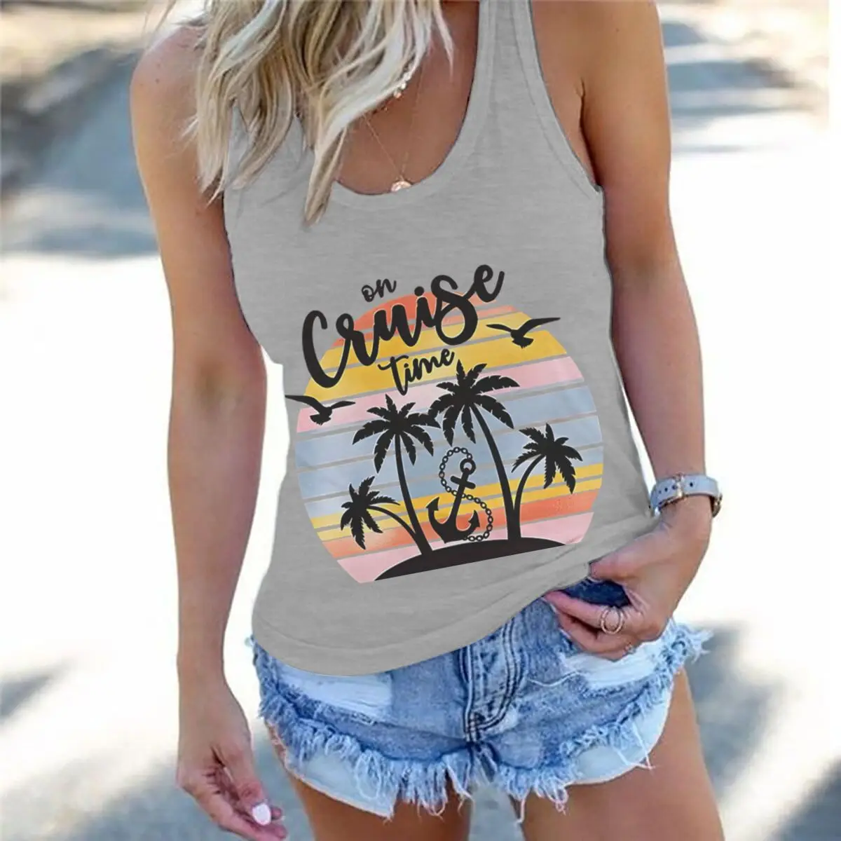 Vintage On Cruise Time Graphic Tank Tops For Women Summer Beach Print Tee Sleeveless Vest Retro Sunset Palm Tree Vacation Vest
