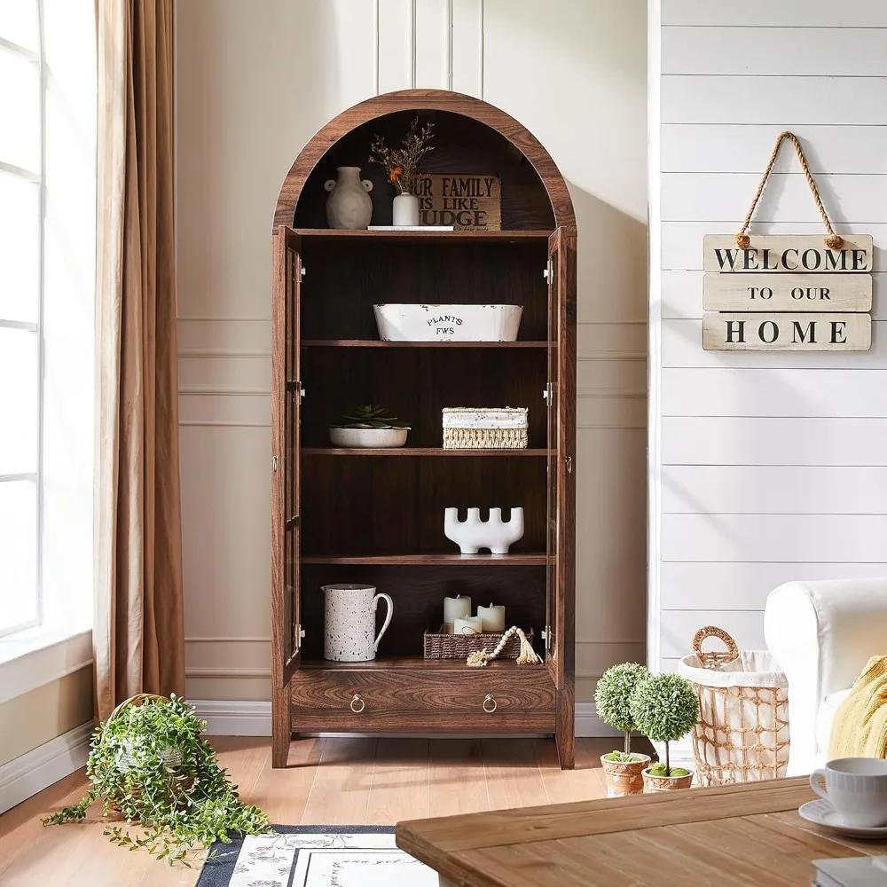 Bauernhaus-Bogenschrank mit Glastüren, 71 Zoll Küche, Speisekammer, hohes Bücherregal, modern (rustikales Braun)