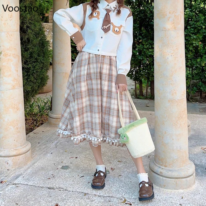 Japanese Autumn Winter Sweet Plaid Skirt Women Elegant Cute Ruffles Plush Ball A-Line Midi Skirt Female Casual Vintage Skirts