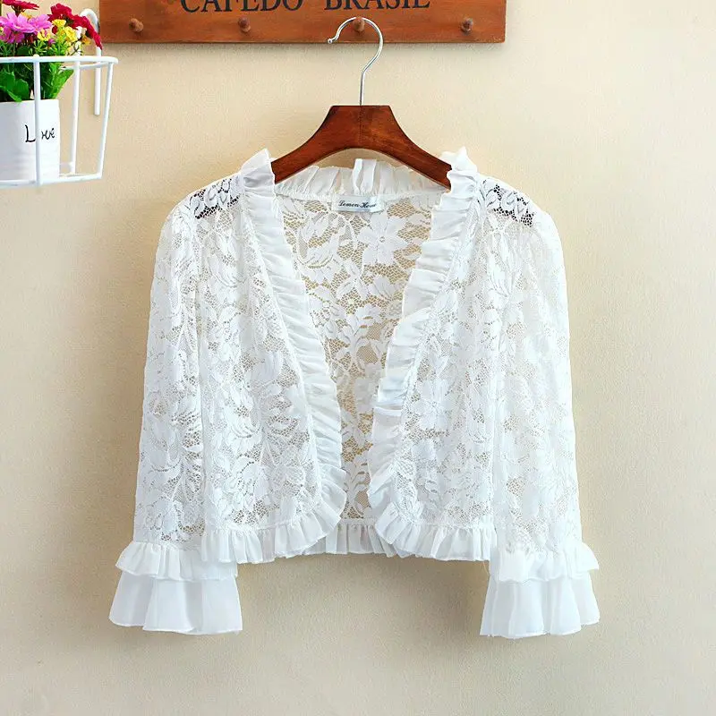 2024 Summer Women\'s T-Shirt Thin Womens Cardigan Lace Hollow Lotus Leaf Sleeves Korean Fashion Casual Sun Protection Top Women