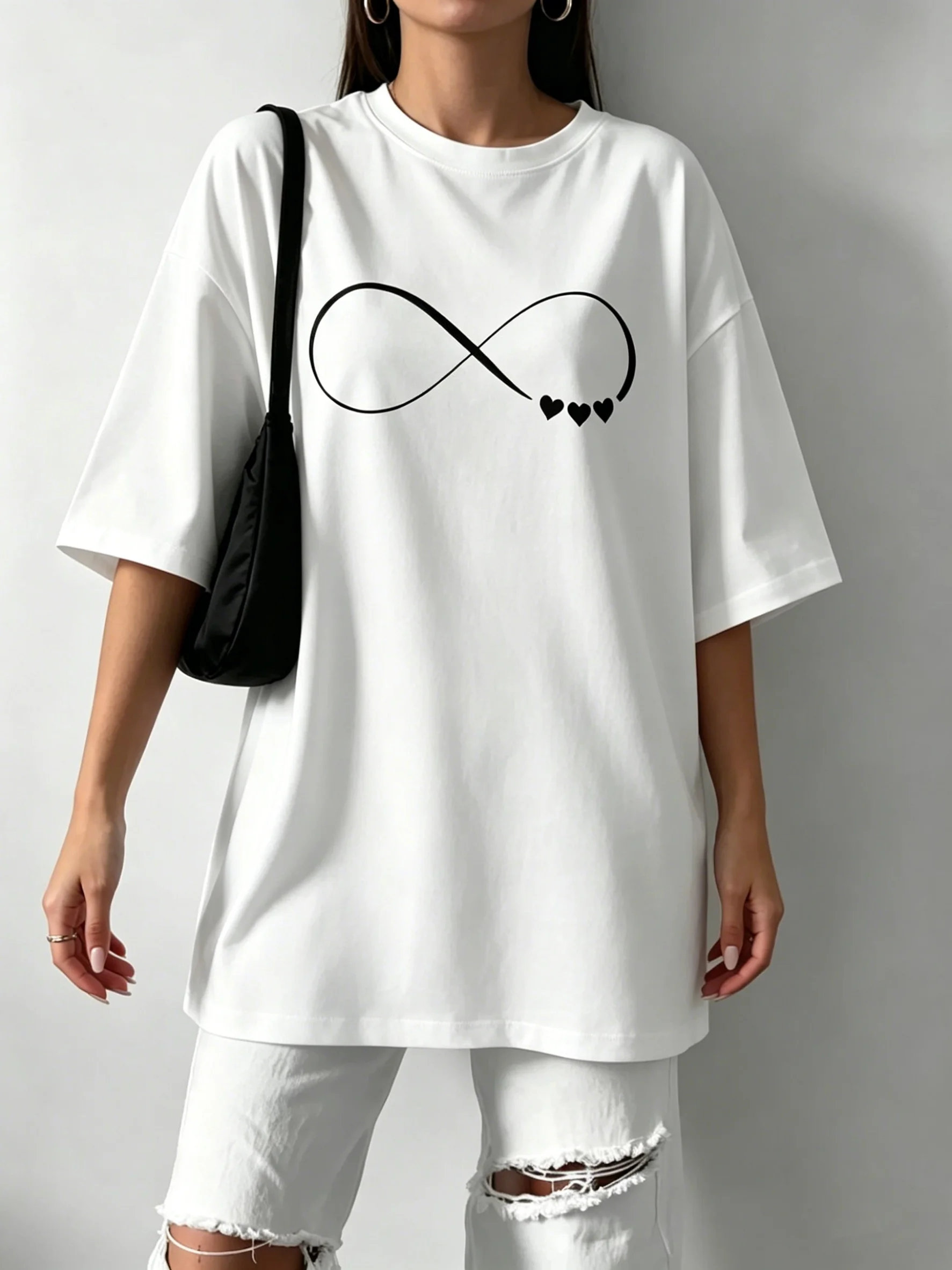 2026 Summer Women's T-shirt with infinity print, stylish loose minimalist tee, trendy streetwear top