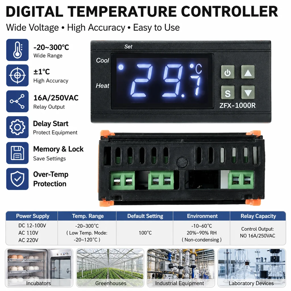 NTC Temperature Controller 16A LED Digital Thermostat Thermoregulator Incubator Relay Set Memory Self-Diagnosis Heating Cooling
