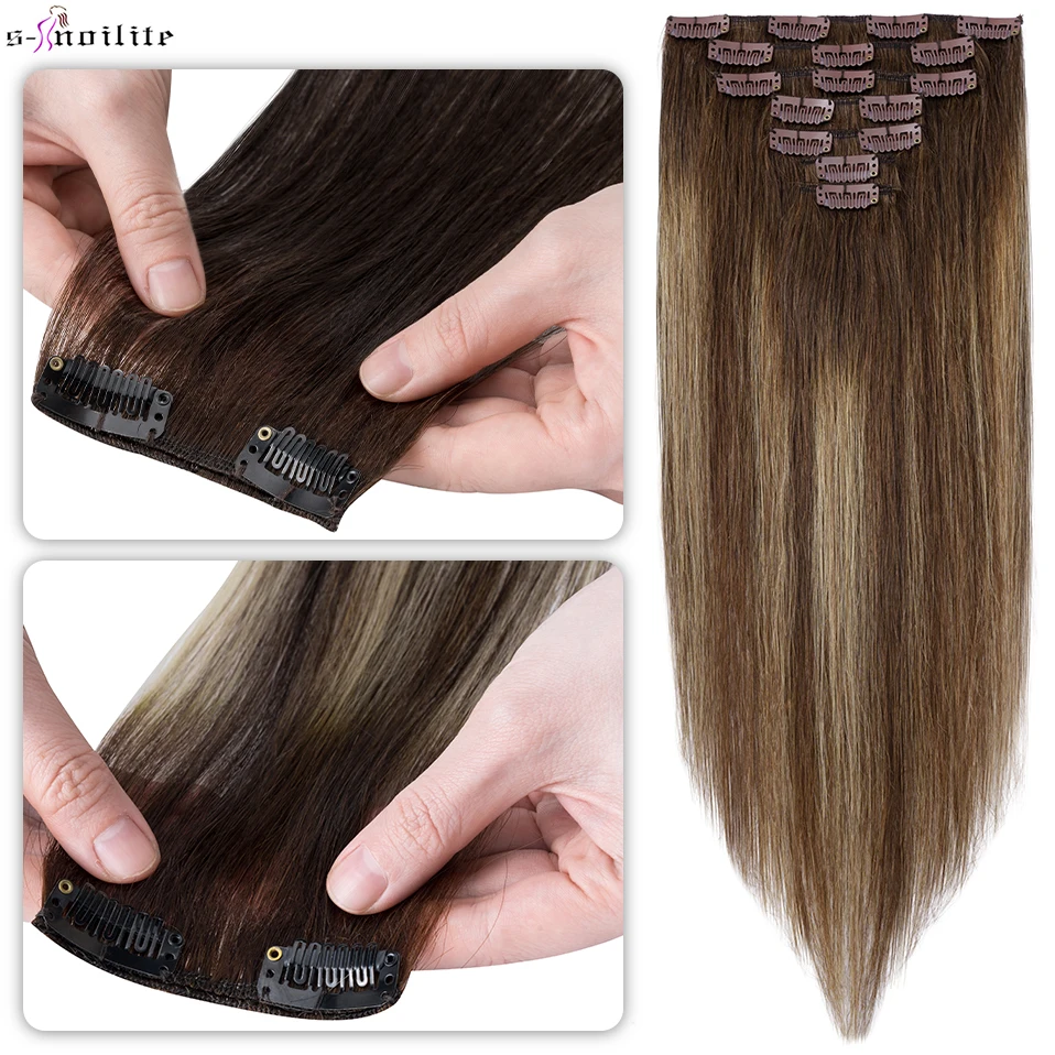 S-noilite 7Pcs/Set Human Hair Clip In Hair Extensions Natural Extension 22