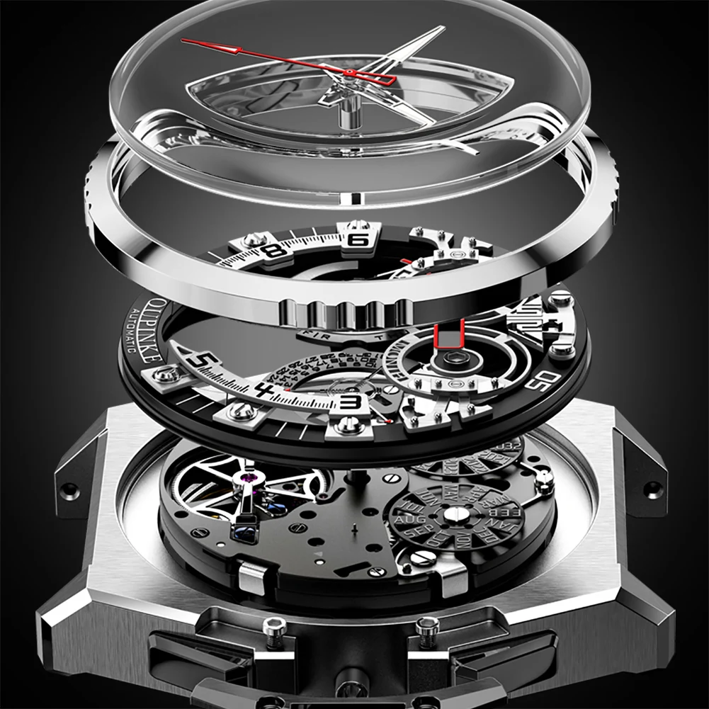 OUPINKE Multifunction Mechanical Wrist watch for Men Tungsten steel Strap Luxury Date Chronograph Men Watches Flywheel Design